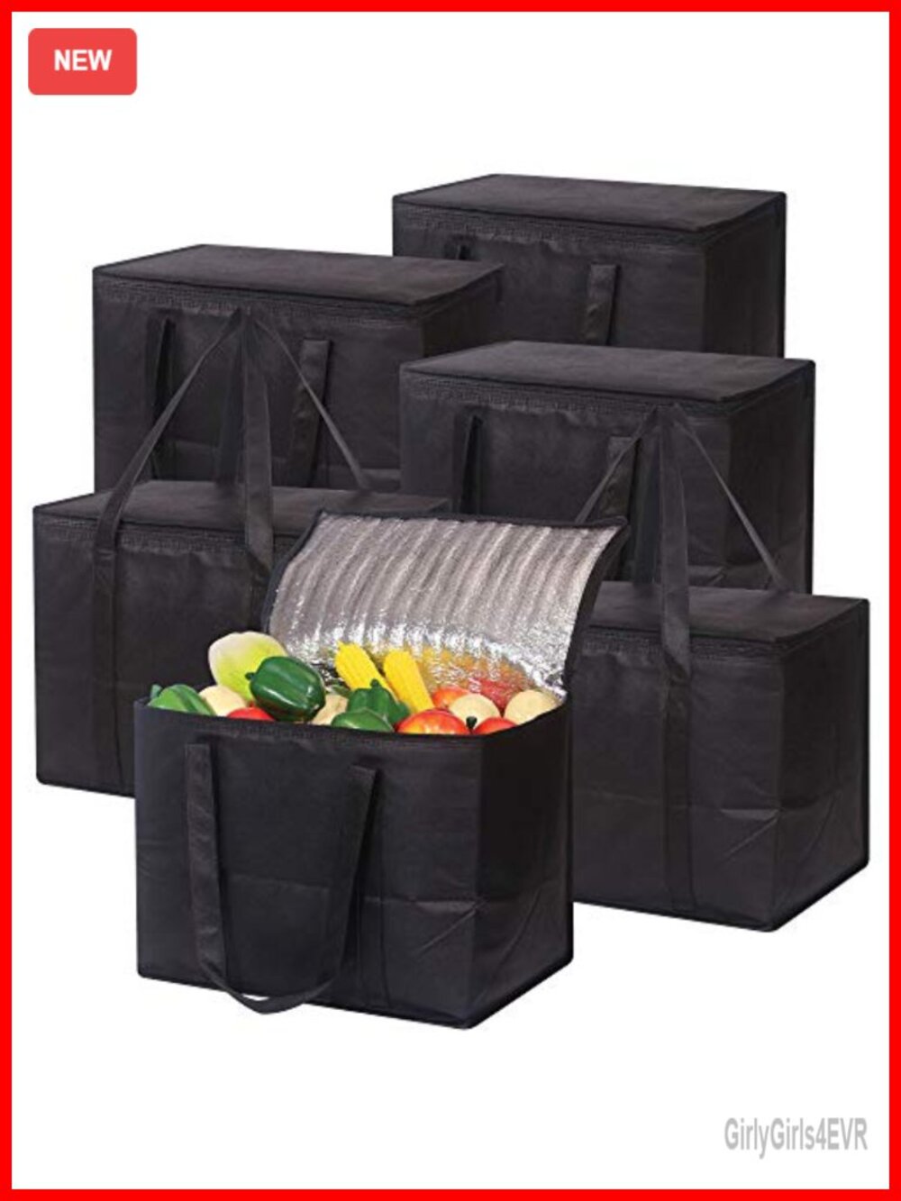Large Insulated Reusable Grocery Bags Set of 6 Foldable Zippered Heavy Duty